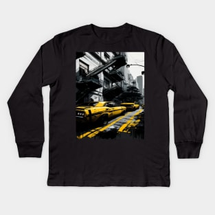 Car tiers print on street black and yellow. Kids Long Sleeve T-Shirt